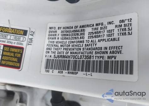 2012 Honda Cr-V Ex-L from USA, damaged, VIN 5J6RM4H70CL073581